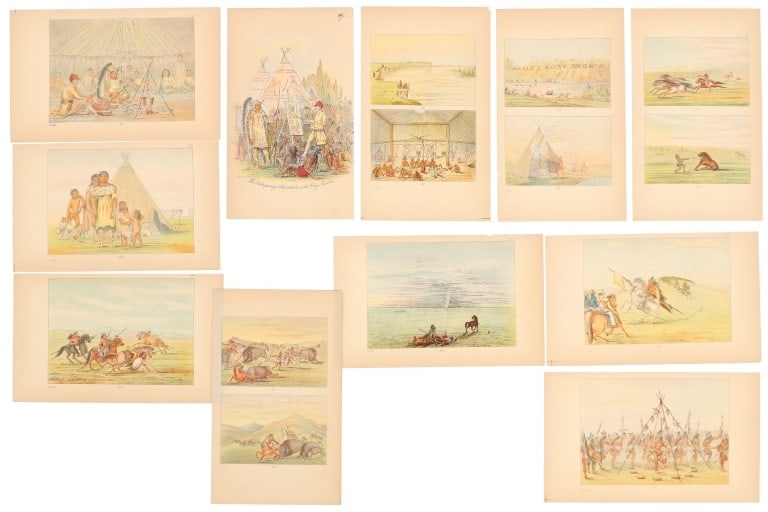 George Catlin Hand Tinted Native Etchings (11): Featured in this lot are eleven, 19th-Century, hand tinted George Catlin (1796-1872) etchings of Native American pictorial drawings and illustration plates, from "Illustrations of the Manners, Customs