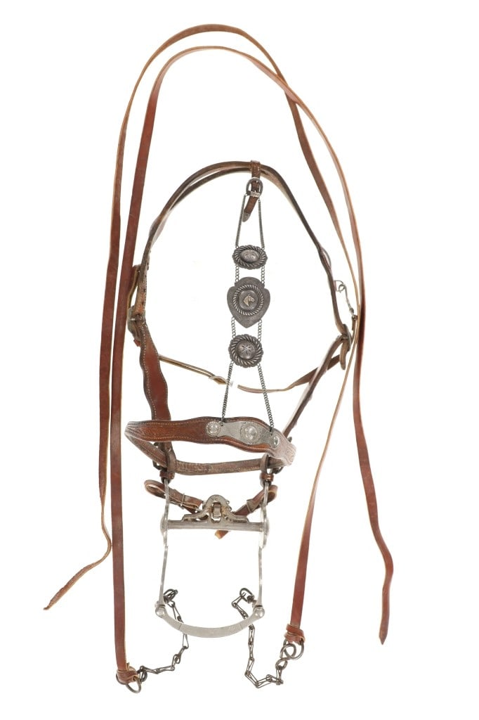 1930's Keyston Bros 14K Gold & Sterling Headstall: Featured in this lot is this exceedingly rare Keyston Bros San Francisco, California 14 karat yellow gold and sterling silver mounted bridle headstall and Crockett silver mounted bit circa 1930's, bot