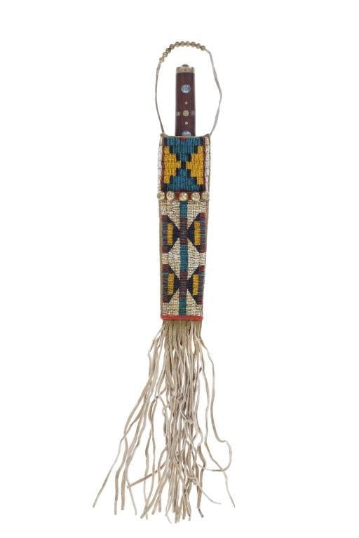 19th-C. Hunkpapa Sioux Dag Sheath & Knife -Museum: The lot features a 19th-Century fully beaded buffalo hide dag knife sheath and knife from the Hunkpapa Lakota Sioux of the Northern Plains from an ex-Museum East Coast collection. The sheath is compri