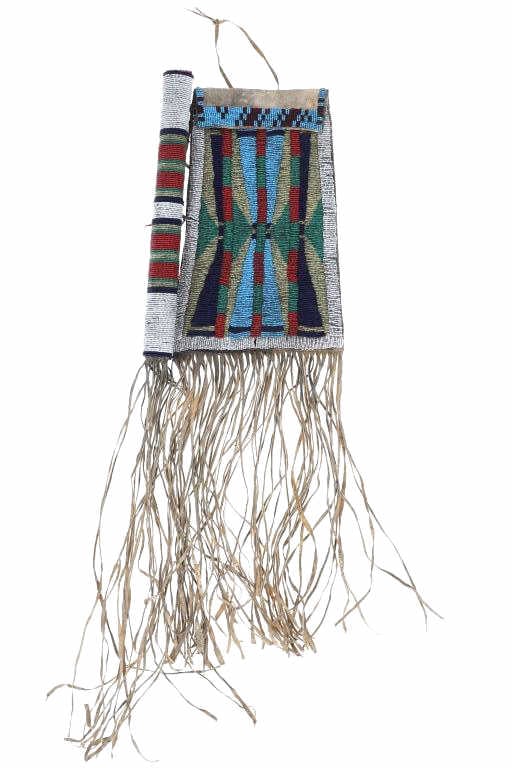 ca. 1870 Nez Perce Beaded Pipe Bag w/ Stem Holder: This is an immensely rare Tobacco Pipe Bag with Stem Holder from the Nez Perce Plateau Indians circa 1870 from an ex-Museum East Coast collection. The piece exhibits a pipe bag / tobacco bag with orig