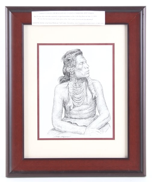 Gary Zaboly "Curley, Crow Scout" Pen & Ink Drawing: Featured in this lot is an Original Signed Gary Zaboly "Curley, Crow Scout of Custer's Command 1876" Pen and Ink drawing framed, circa late century. It depicts the 20 year old scout who narrowly escap