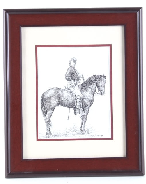 Gary Zaboly "Captain George A. Custer June 1863": Featured in this lot is an Original Signed Gary Zaboly "Captain George A. Custer, Brandy Station June 1863", Pen and Ink drawing framed, circa late century. It depicts the famous "Golden Cavalier" sho