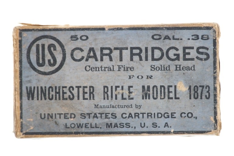 UNIQUE US Cartridge Co. .38 Model 1873 TRAINING: Featured in this lot is this unique box of U.S. Cartridge Co., .38 Model 1873 Training Blank Rounds. The box of ammunition shows its original packaging but has been opened and shows a total of 44rds.