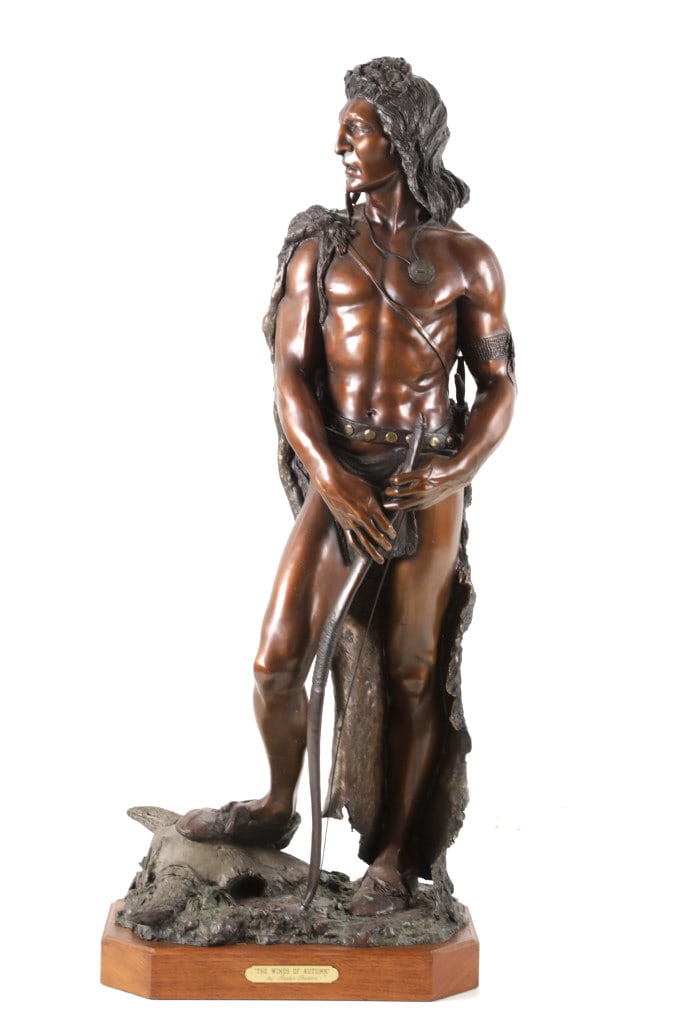 Austin Barton (1927-2017) Large Warrior Bronze: This is an impressive, large original bronze of a Native American Warrior titled, ?Winds of Autumn? by Austin Barton (1927-2017) dated 1989, signed and numbered #9/30. The artwork is a well-known exam