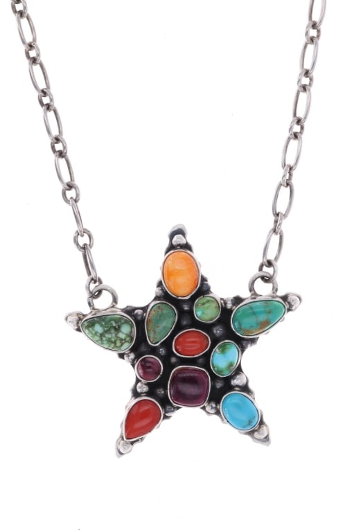 Navajo C. Johnson Sterling Multistone Necklace: Featured in this lot is this Navajo Charles Johnson multistone necklace. The necklace features a wonderfully and professionally crafted sterling silver and multistone construction that includes stones