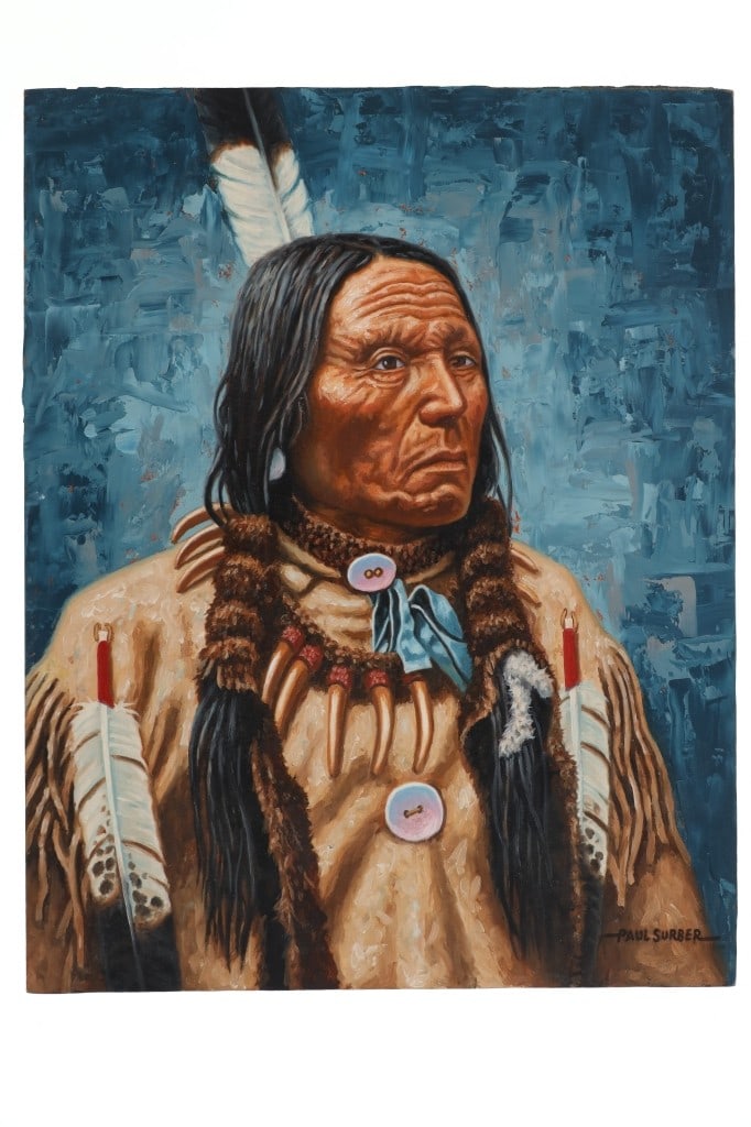 Original "Shot In The Eye" Portrait by Paul Surber: Featured in this lot is this original oil on board painting called "Shot in the Eye" by Paul Surber Born in 1942. Ista Ogna Opi or Shot-in-the-Eye was a prominent Oglala Lakota warrior born around 183