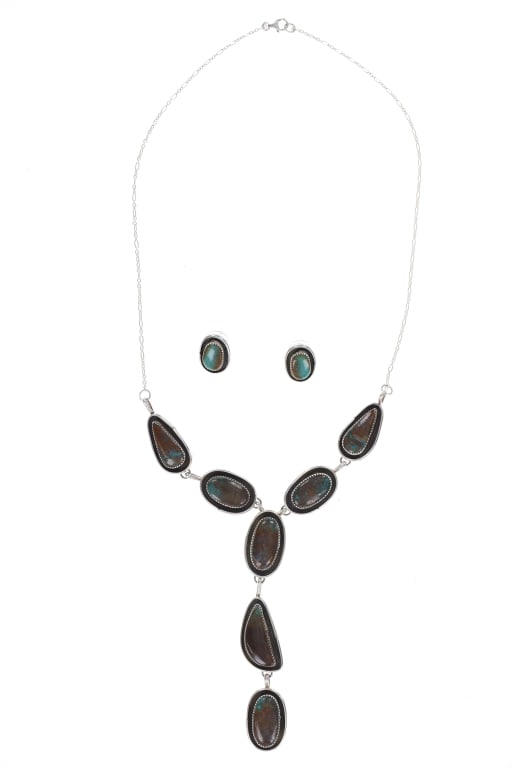 Navajo BB Tsosie Sterling Silver Turquoise Jewelry: Featured in this lot is this Navajo Bernadine Begay Tsosie sterling silver turquoise necklace and earrings. The necklace and earrings feature a wonderfully and professionally constructed sterling silv
