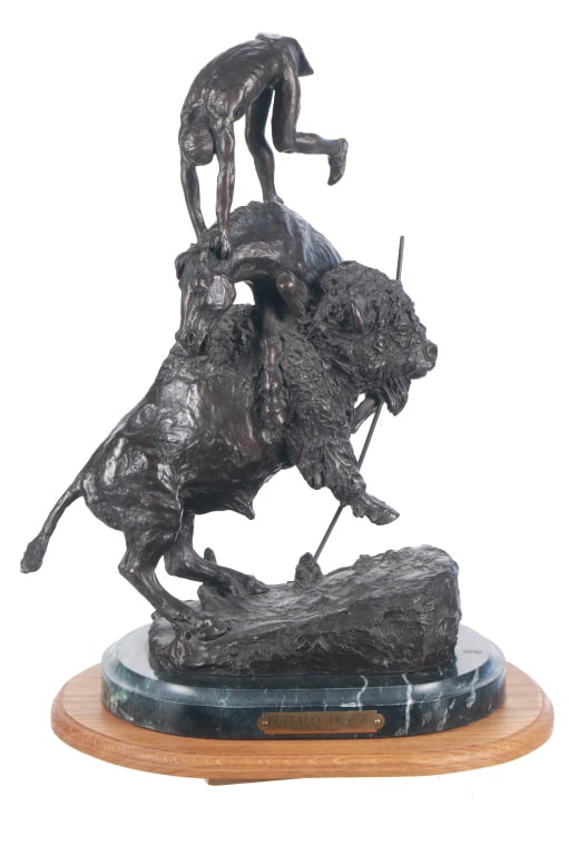 Frederic Remington (1861-1909) Buffalo Horse: Featured in this lot is this bronze sculpture titled " Buffalo Horse" by Frederic Remington born in 1861 and died in 1909 and made after his death. The bronze sculpture features a wonderfully and prof