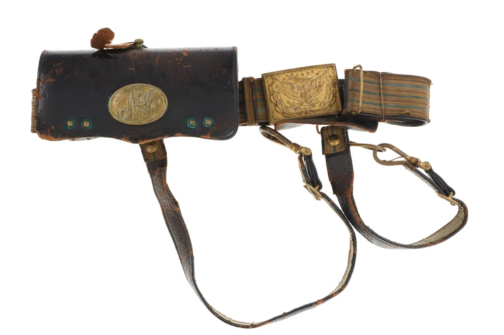 CIVIL WAR Era US Army Officers Dress Sword Belt: Featured in this lot is this Civil War era US Army officers dress sword belt. Provenance: From Garth's Civil War Museum (See Tag). The belt features a linen lined leather construction with brass buckl