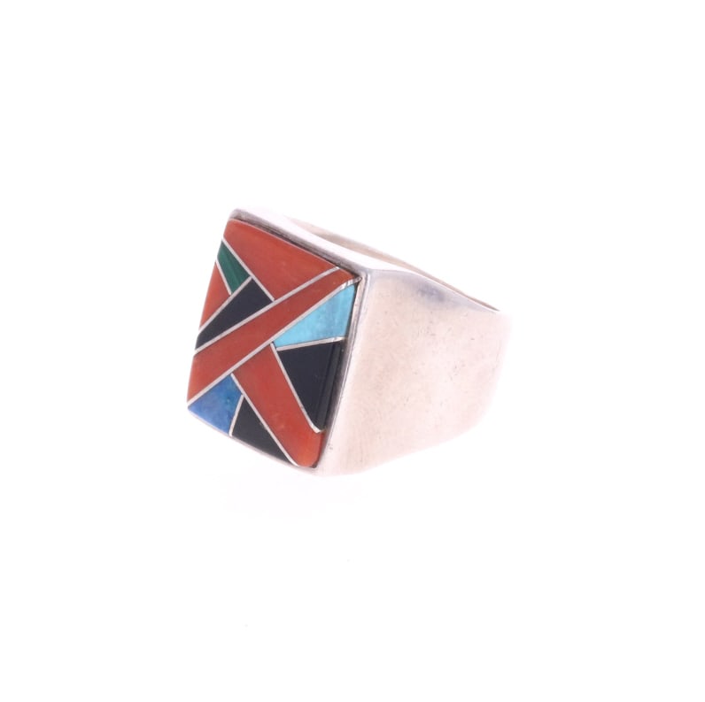 Navajo Multistone Inlay Heavy Signed Ring ca. 1990: The lot features a fabulous late-vintage circa 1990?s Navajo multi-stone inlaid ?stained glass window? fine pattern heavy sterling silver ring that is signed by the Navajo silversmith ?FD? and ?TSF? f