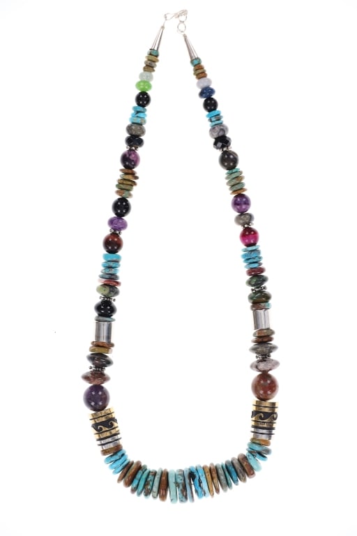 Navajo Singer Sterling 14kGF Multistone Necklace: Featured in this lot is this sterling silver 14k gold filled multistone necklace from Navajo artists Tommy & Rose Singer. The necklace features a wonderfully and professionally crafted sterling silver