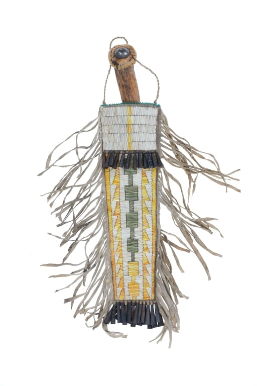 c1860 Northern Plains Fully Quilled Sheath -Museum: This is a truly stunning and historic circa 1860-1870 fully porcupine quilled dag buffalo hide knife sheath and old stag trade knife from the Northern Plains from a Museum East Coast collection. The