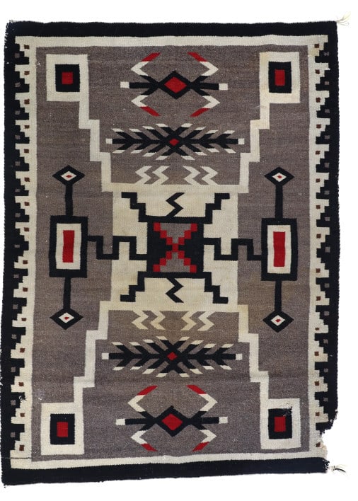 1920 Navajo Storm Pattern Crystal J.B. Moore Rug: Featured in this lot is this J.B. Moore Navajo Storm Pattern Crystal rug circa 1920's. Provenance: Ex Hindman, Cowan's Auction; Ex Private Montana Collection and Ex-Hindman / Cowan's; Plate XXVIII var