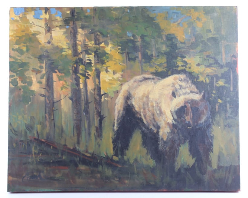 "Bear In The Woods" by John Garre, Oil on Canvas: Featured in this lot is an Original Montanan John Garre "Bear in the Woods", Oil on Canvas, circa 2005. This stunning painting features a massive, solitary grizzly bear in a forest, its gaze