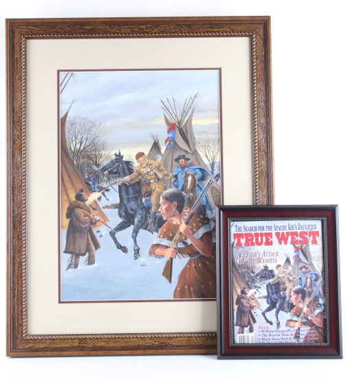 Gary Zaboly (Born 1949-) Custers Attack At Washita: Featured in this lot is this Original painting titled "Custer's Attack At Washita" circa 1998 by artist Gary Zaboly born in 1949 and accompanied by a True West Magazine with the same artwork printed