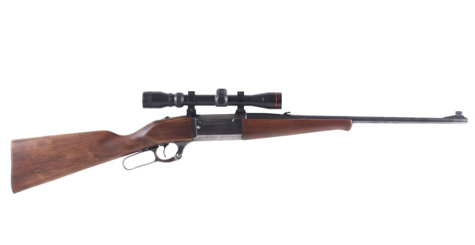 Savage Model 99A Lever Action .243 Cal Rifle: Featured in this lot we have a Savage Model 99A lever action rifle with scope and chambered in .243 caliber. The Model 99 featured a unique rotary magazine, and was the first lever-action rifle to use