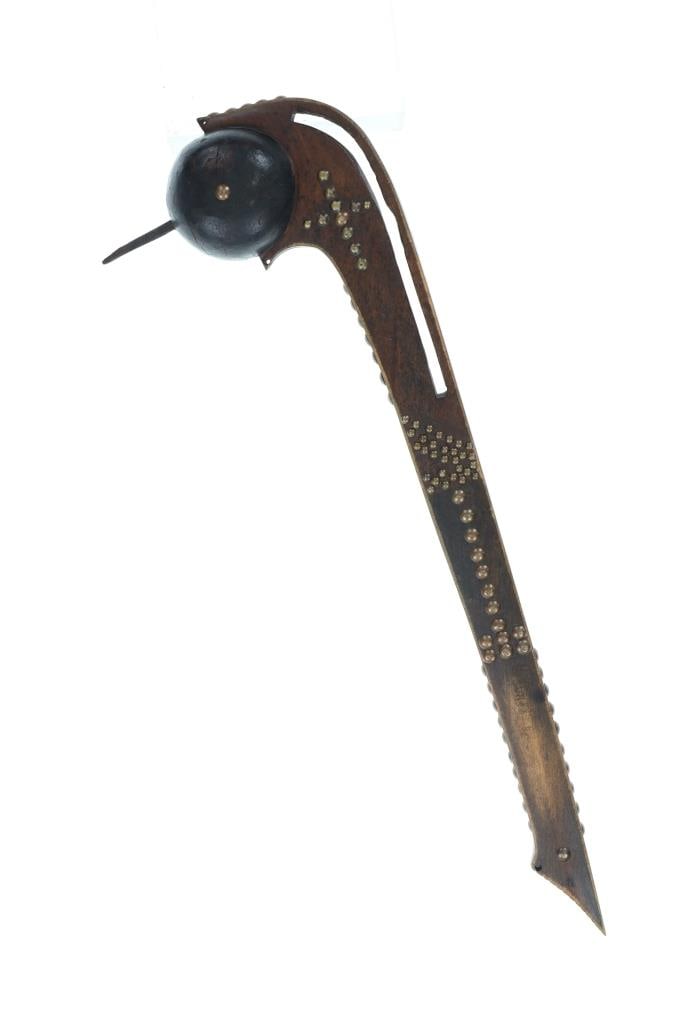 19th-C. Eastern Plains Ball Head War Club -Museum: The lot features a 19th-century ball head war club with spike from the Eastern Plains with crescent cutout from an ex-Museum East Coast collection and the ex-John Baldwin collection. The club is