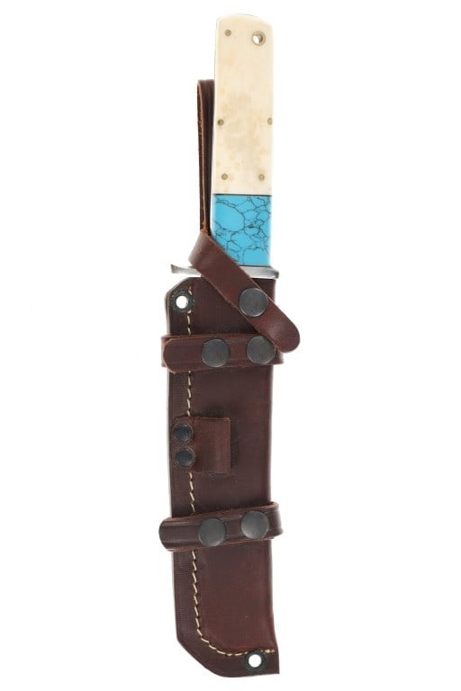 Shinigami Wakizashi Inlaid Turquoise Bone Knife: Featured in this lot is this Shinigami Wakizashi inlaid turquoise bone knife circa 20th century. The knife features a wonderfully and professionally made stainless steel construction that shows a full