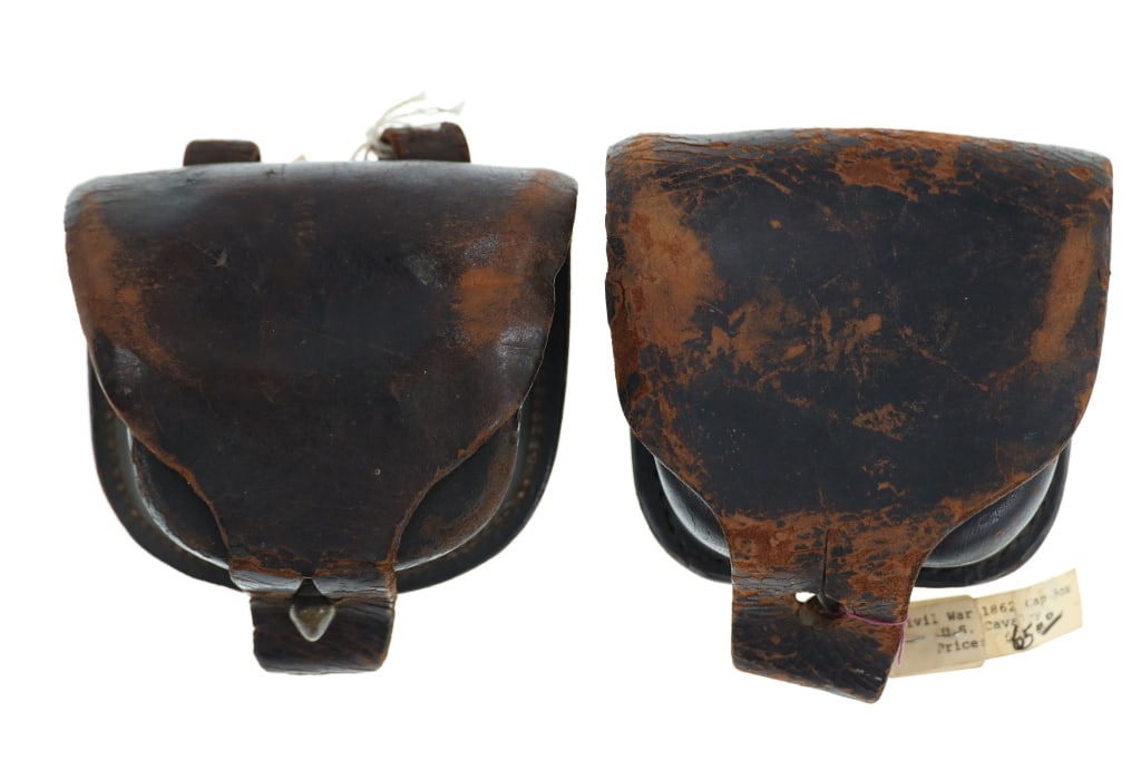 Ex-Museum Civil War Era Cavalry Cap Boxes c 1860's: Featured in this lot is this Civil War era cavalry cap box pair circa 1860's. Provenance: From Garth's Civil War Museum. There are two cap boxes in this collection one is marked and one is not both co
