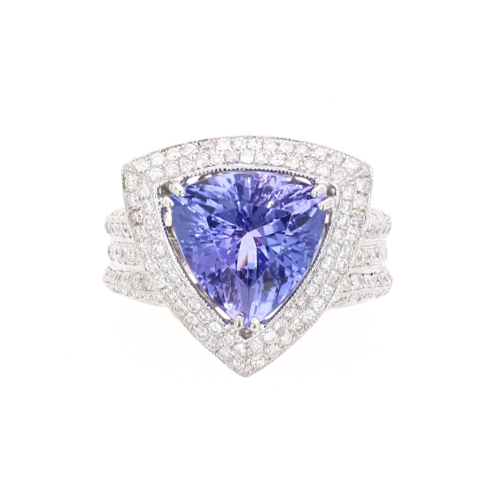 Stunning 5.73 ct. Tanzanite AAA 14K Designer Ring: This is a truly stunning 5.73 carat natural Tanzanite Zoisite stone with rare AAA deep Bluish Violet color set in a designer Orianne 14 karat white gold ring with natural diamonds, accompanied by GGA 