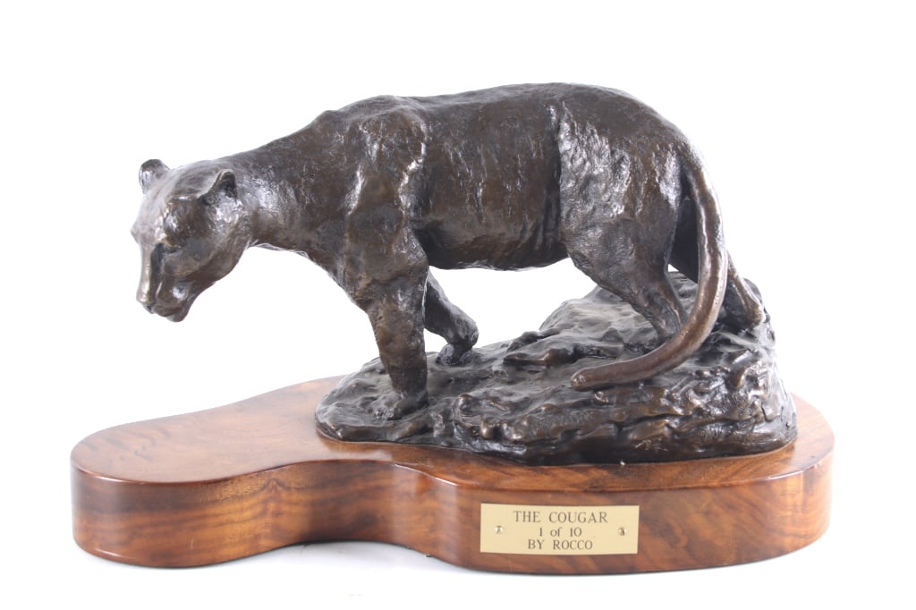 "The Cougar" by Rocco Mountain Lion Bronze 1982: For your consideration is this large bronze titled, "The Cougar" done by bronze artist Rocco in 1982, this is a rare number 1 of 10 which is typically kept as the artist edition. This is limited editi