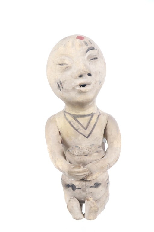 Ca. 1920's Tesuque Pueblo "Rain God" Sculpture: Featured in this lot is this Tesuque Pueblo "Rain God" sculpture circa 1920's. The sculpture features a wonderfully and professionally crafted ceramic construction that shows the figure sitting down w