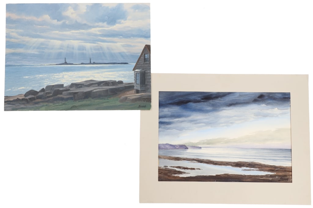 P. Krapf Oil On Boards Seaside Scenes 20th C (2): Featured in this lot are two original, Paul Krapf oil on boards of seaside scenes from the mid to late 20th century. Paul Krapf (1927-2019) was a wildlife and landscape artist from Gardiner, Montana a