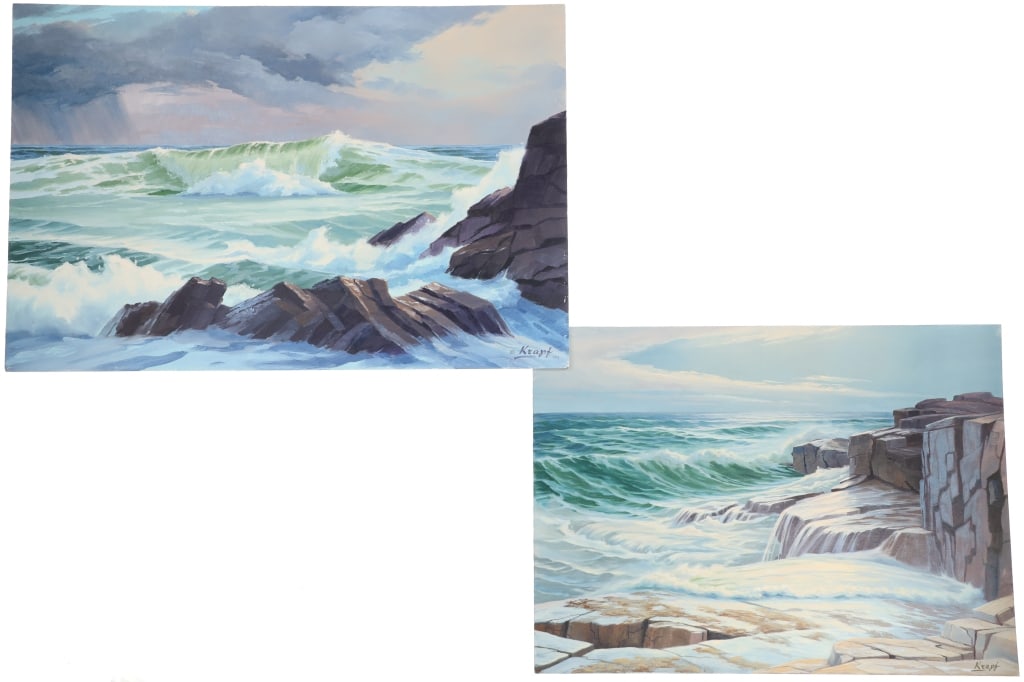 Paul Krapf MT Artist Seascape Oils On Board (2): Featured in this lot are two, original oil on board Pacific seascape paintings done by Montana artist Paul Krapf in the 1960s to 1980s. Paul Krapf (1927-2019) was a wildlife and landscape artist from 