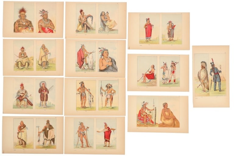 George Catlin Hand Tinted Etchings 19th C. (12): Featured in this lot are twelve, 19th-Century, hand tinted George Catlin (1796-1872) etchings of Native American pictorial drawings and illustration plates, from "Illustrations of the Manners, Customs
