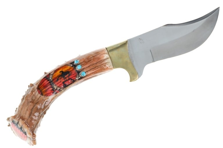 Antler & Turquoise Handle Knife Late 20th Century: For your consideration is this antler handle and turquoise knife from the late 20th century. This knife features a resin cover antler handle with Native American imagery painted on the antler handle. 