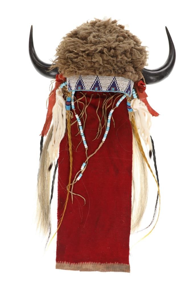 c. 1870 Northern Cheyenne Buffalo Beaded Headdress: This is a wonderful and large circa 1870-1880's Northern Cheyenne buffalo horn headdress war bonnet collected from the Fort Washakie Wind River from the Northern Cheyenne from an ex-East Coast Museum 