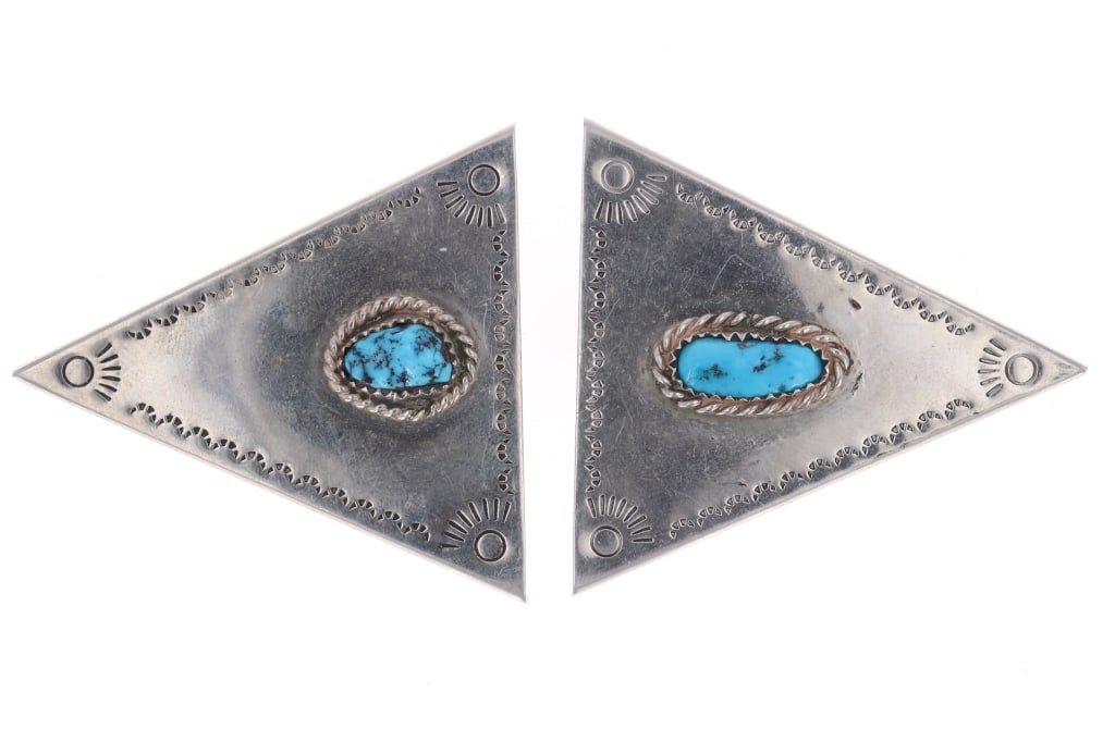 Navajo Sterling Silver Turquoise Collar Tips c1940: Featured in this lot is this Navajo sterling silver turquoise collar tips circa 1940's. The collar tips features wonderfully and professionally crafted sterling silver and sleeping beauty turquoise ca