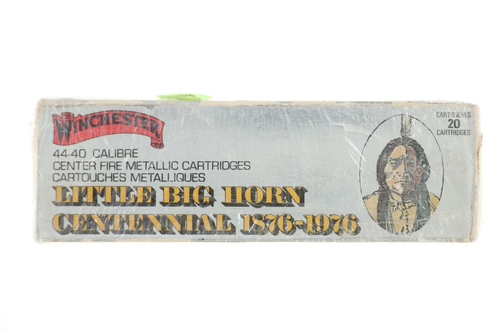 Winchester Little Big Horn Centennial .44-40 Ammo: Featured in this lot is this collector's Winchester Little Big Horn Centennial 1876-1976 .44-40 cartridges. The box of ammunition shows the information side flap reading as follows: Winchester - .44-4