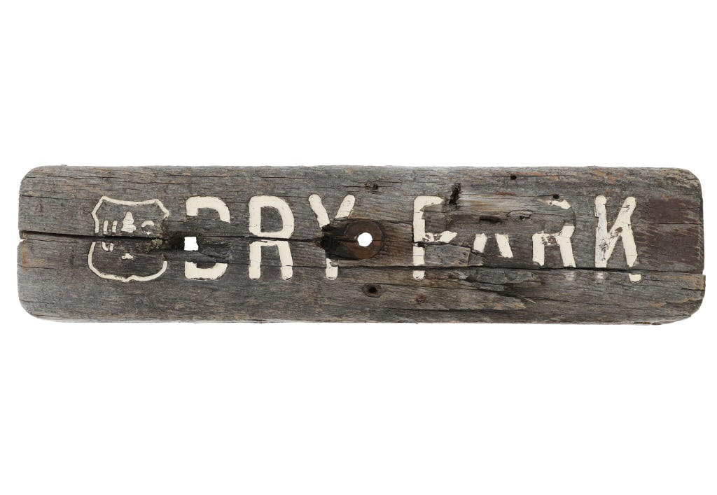 Dry Park Mountain Flathead, MT US Forest Sign: This is an original early vintage obsolete U.S. Forest Dry Park Mountain Flathead National Forest Montana wooden sign from the 20th-century. The sign shows the United States Forestry logo next to DRY 
