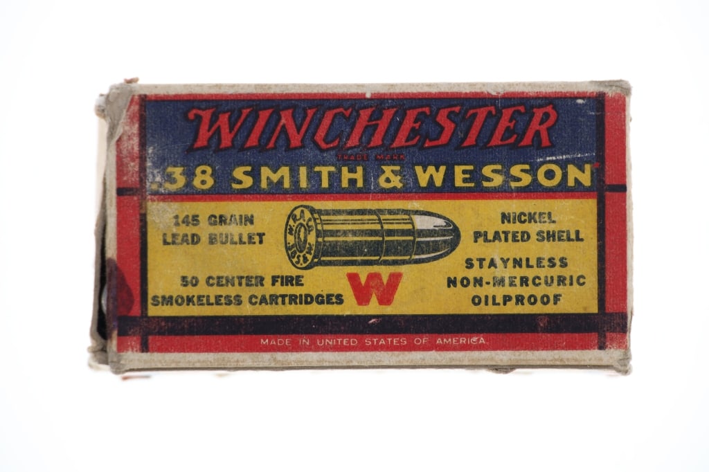 Winchester .38 Smith & Wesson Cartridge Box: Featured in this lot is this Winchester .38 Smith & Wesson cartridge box. The cartridge box contains a total of 44 rounds with the original box and correct ammunition; the box is marked on the adverti