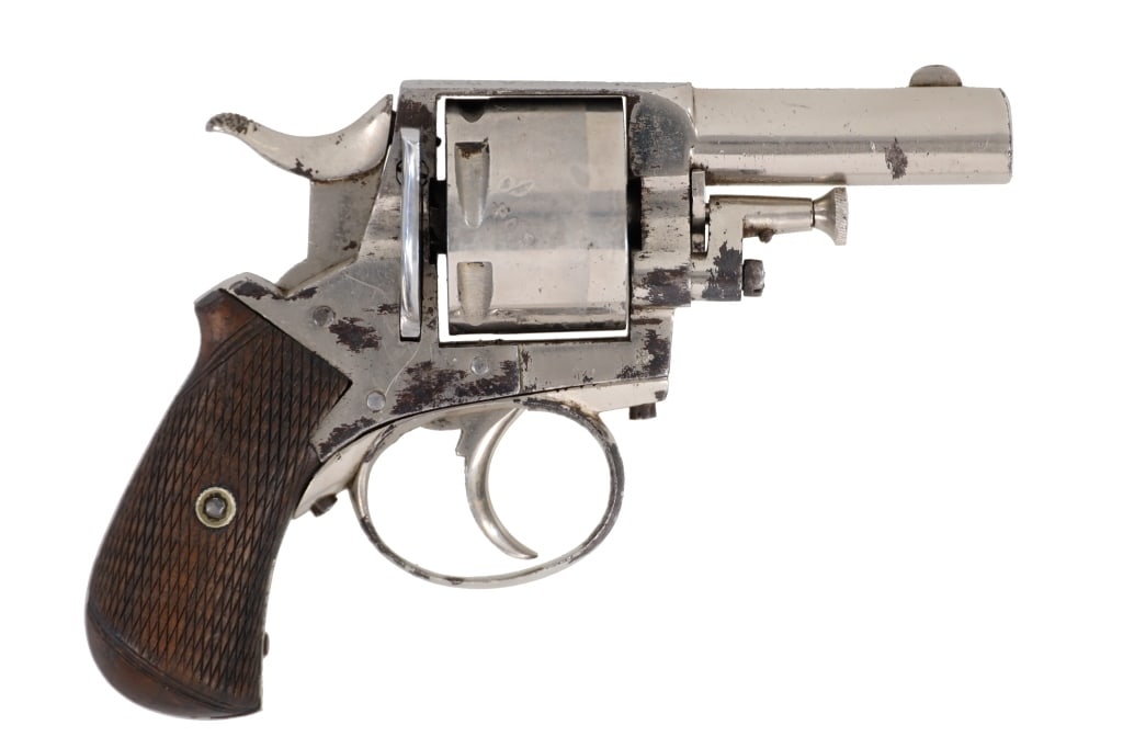 Perrins & Son Worcester Pistol w/ Paperwork: The lot features a Perrins & Son Worcester Birmingham nickel finish double action revolver that is accompanied with later added paperwork. The revolver is a double action ?bull dog? style with walnut 