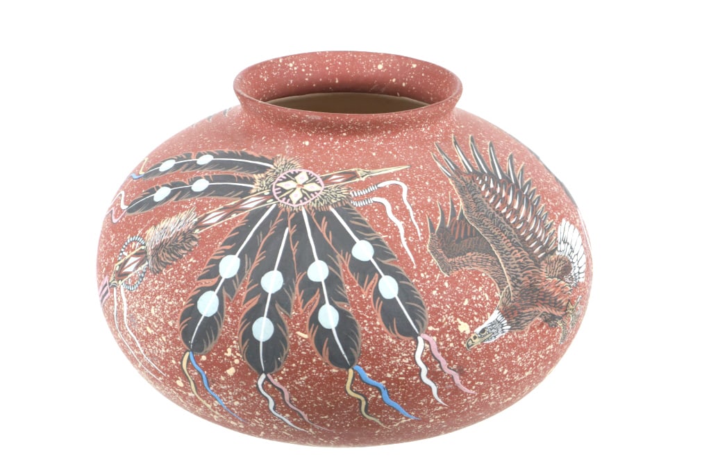 Sioux Richard Underbaggage Polychrome Pottery Bowl: For your consideration is this beautiful, Sioux polychrome pottery bowl done by Sioux artist, Richard Underbaggage (1956-) in 2001. Living in Rapid City, South Dakota, Richard Underbaggage is an Oglal