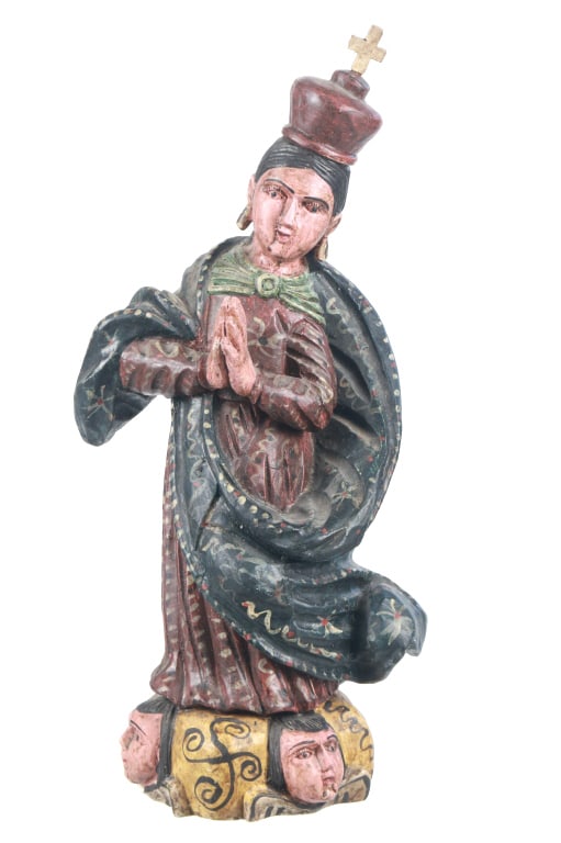Spanish Handcarved Wood Madonna Santo Folk Art: Presented in this lot is a Spanish Handcarved Wood Madonna Santo Folk Art from Guatemala, circa mid to late 20th century. This statuary representation of the Virgin Mary was made by an indigenous arti