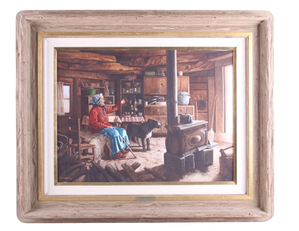 Signed K.W. Moore, Sr. "The Visitor" Oil on Canvas: For your consideration is an Original Signed K.W. Moore, Sr. Oil on Canvas, "The Visitor". This quietly emotional and beautiful oil painting displays a smiling elderly Native woman in a small log cabi