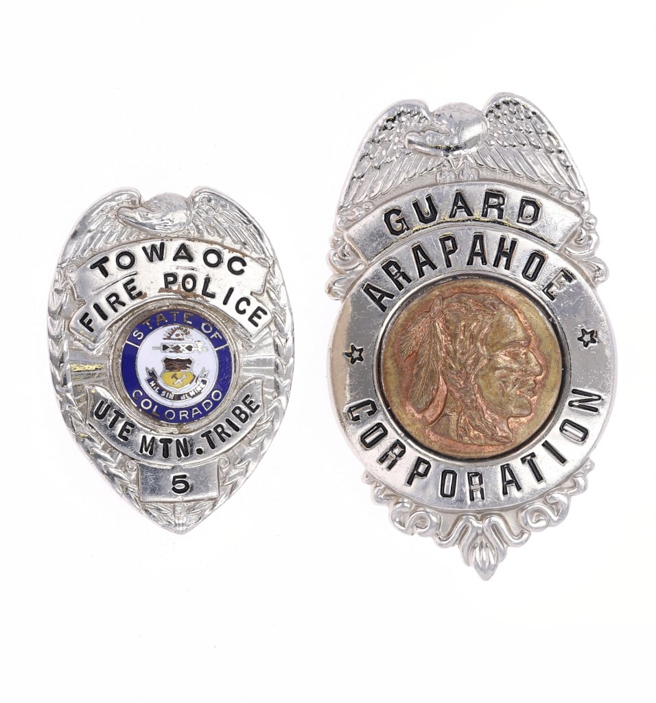 Early Arapahoe & Ute Tribal Native American Badges: Featured in this lot is this early vintage Arapahoe and Ute Mountains Tribe Native American Tribal badges. There are two badges in this collection, both are unmarked. The first is a small uniform shie