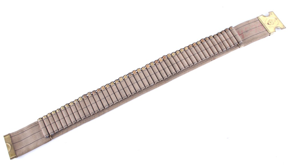 Indian Wars Mills Dog Head .45-70 Cartridge Belt: The lot features a 19th-century U.S. Indian Wars period Anson Mills Dog-Head woven cartridge belt with loops holding original antique .45-70 ammunition. The Mills dog head cartridge belt, also known a