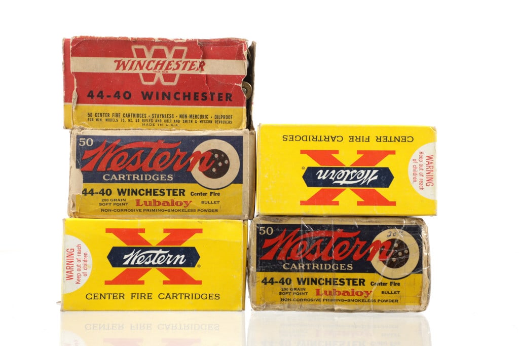 Vintage Winchester 44-40 Cartridges, ca. 1948-1982: For your consideration are Vintage Western Cartridge Company 44-40 Winchester Cartridges: two (2) boxes of 50 bullets each, circa 1948-1949, end flap code "K1372C"; two boxes (2) of 50 cartridges each
