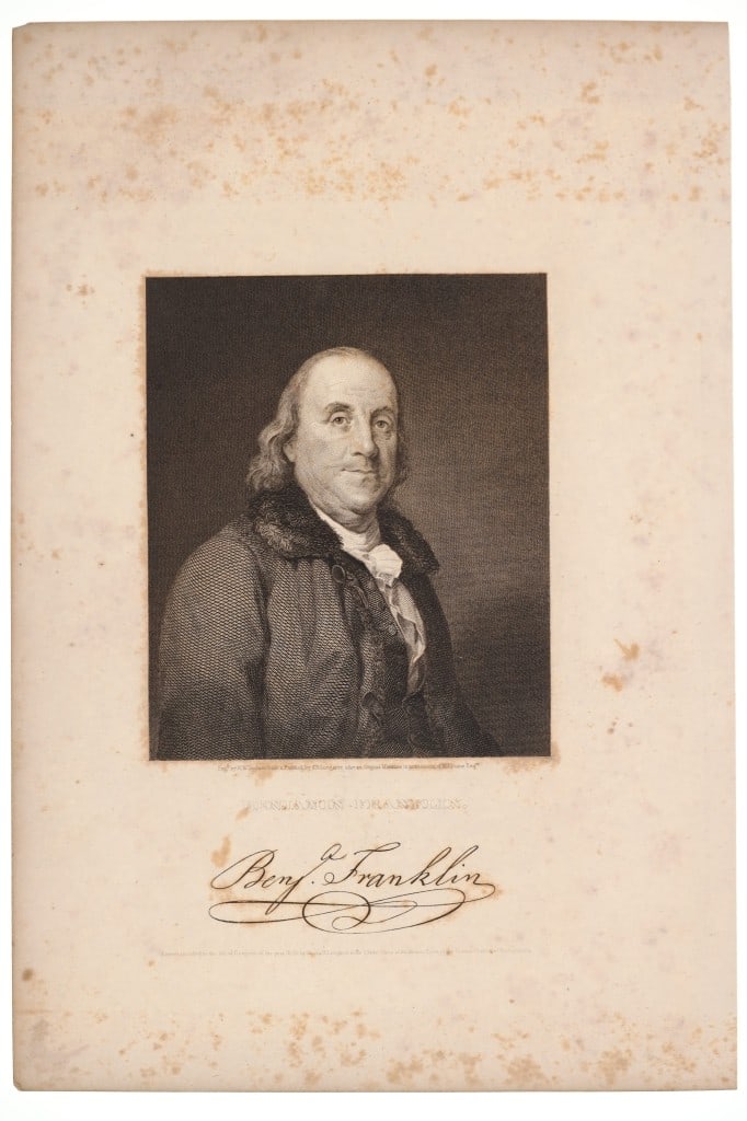 19th C. R.W.D. Dodson "Ben Franklin" Engraving: Featured in this lot is this engraving of Benjamin Franklin by R.W.D. Dodson circa 19th century. This engraving is of an original portrait painting by J.B. Longacre and reads on the front of the engra