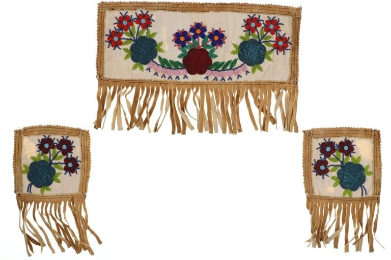 Woodland Ojibwe-Cree Floral Beaded Panels 1960-70s: Presented in this lot are Woodland Ojibwe-Cree Beaded Floral Panels, circa 1960s to 1970s. Each panel features a floral depiction using trade seed beads with colours of powder blue, light blue, Royal 