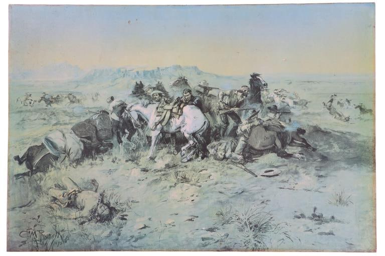 Charles M. Russell Amon Carter Museum Large Canvas: Featured in this lot is Vintage Signed Charles M. Russell "A Desperate Stand", by Aaron Ashley, Inc., Oil on Canvas. Provenance: Handmade for the Amon Carter Museum of Western Art, Fort Worth, Texas. 