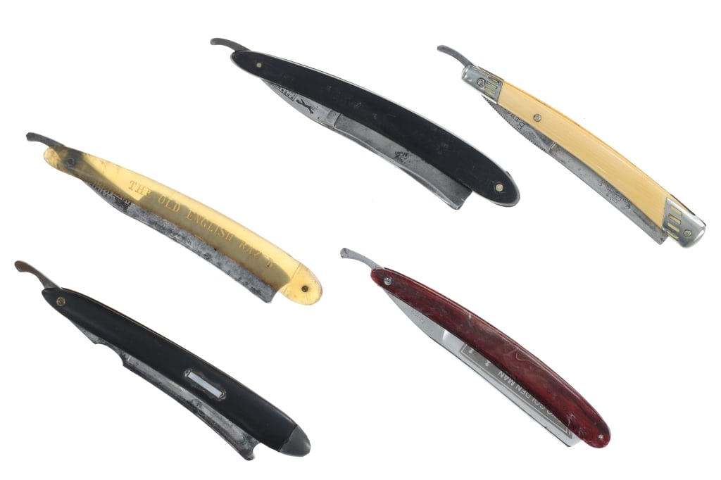 Early Marked Straight Razors 1870-1950s (5): For your consideration are five, marked straight razors, manufactured by various companies from the 1870s to the 1950s. The first in this lot was manufactured in Pakistan and is the, "Two Golden Man /