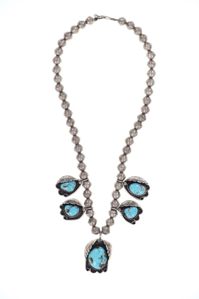 Navajo Dry Creek Turquoise Silver Pearl Necklace: Featured in this lot is this Navajo Dry Creek Turquoise silver pearl necklace circa 1950's. The necklace features a wonderfully and professionally crafted sterling silver and Dry Creek Turquoise