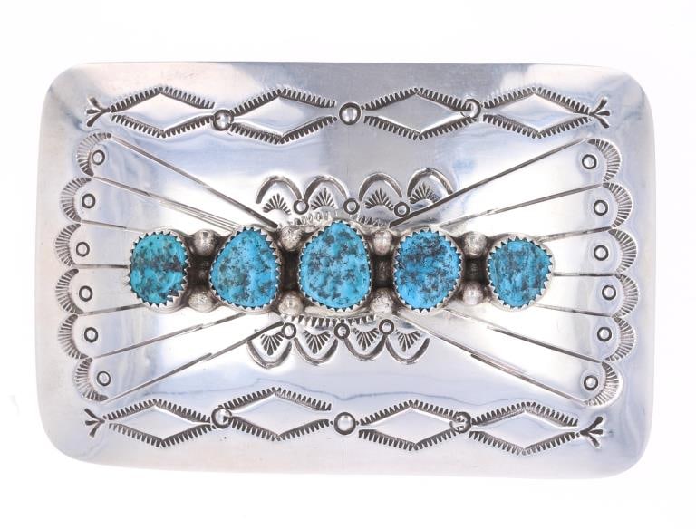 Navajo Jennifer Begay Sterling Turquoise Buckle: Featured in this lot is this sterling silver turquoise buckle from Navajo artist Jennifer Begay. The buckle features a wonderfully and professionally crafted sterling silver and Sleeping Beauty