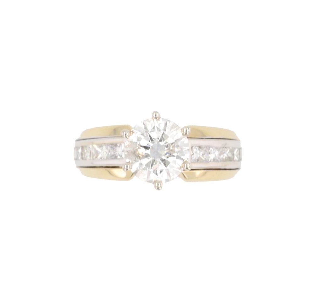 Vintage 2.57 ct. Natural Diamond 14K Gold Ring: The lot features a vintage to antique 14 karat yellow and white gold ring set with a total of 2.57 carats of natural Diamonds with paperwork. The center stone is 2.08 carats round brillian cut natural