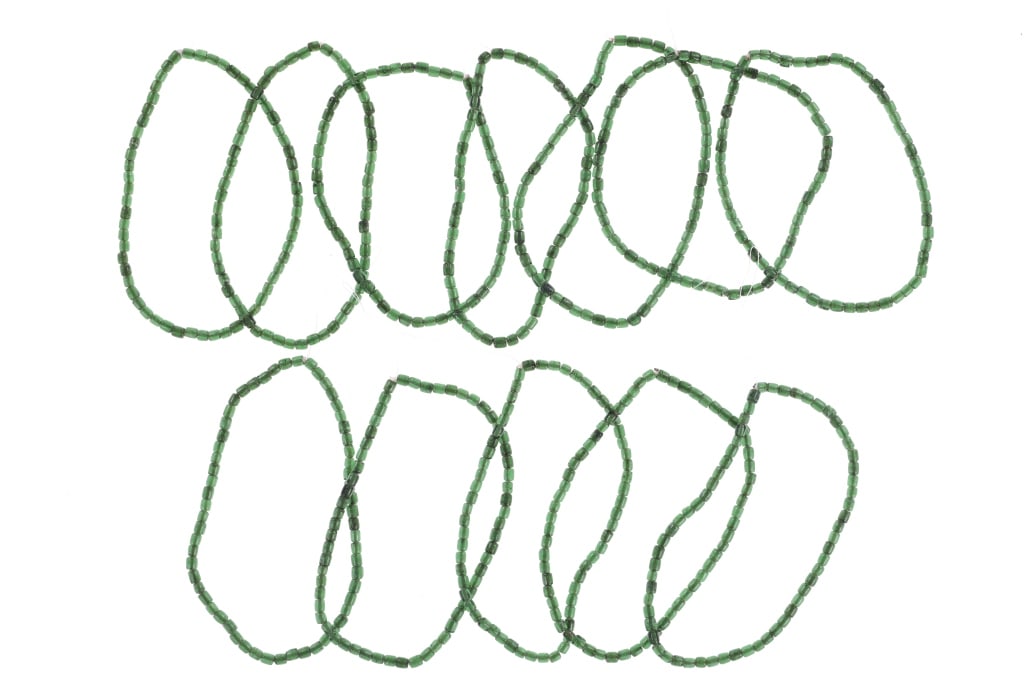 Antique Hudson Bay Green White Heart Necklaces: Featured in this lot is this collection of Antique Hudson Bay blue white heart strand necklaces. There are twelve strand necklaces in this collection. The necklaces show a wonderfully and professional